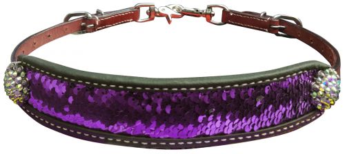 Showman Medium leather wither strap with purple and silver sequins inlay